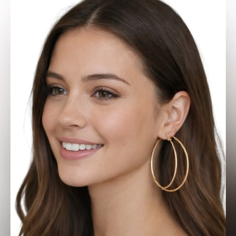 Double Hoop Diamond Gold Earrings 2” New